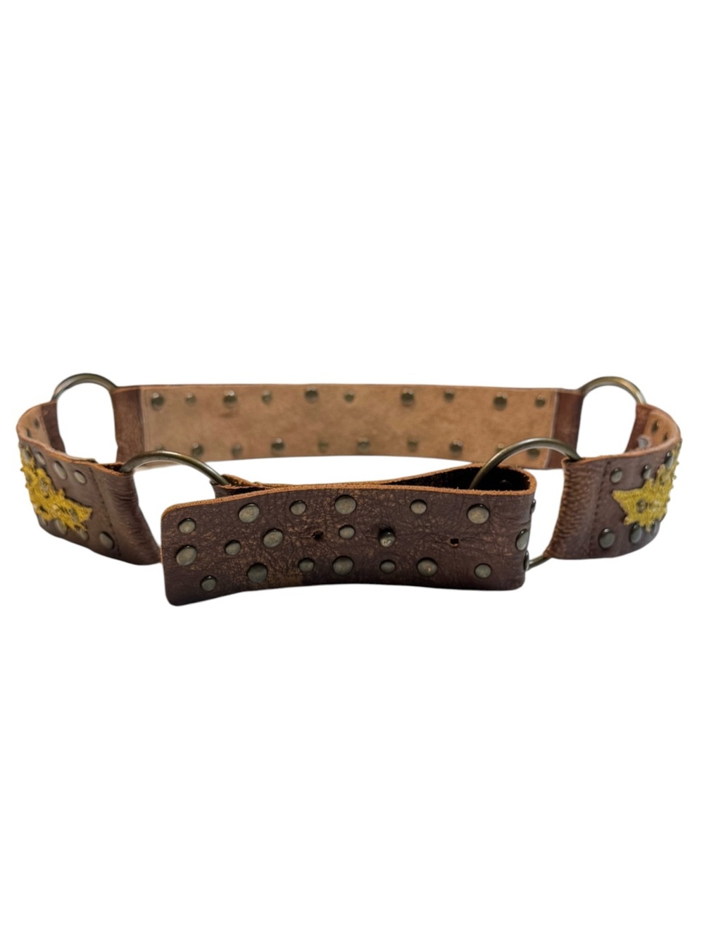 Betsey Johnson Gold Sequin Embroidery Studded Brown Leather Brass Rings Belt M